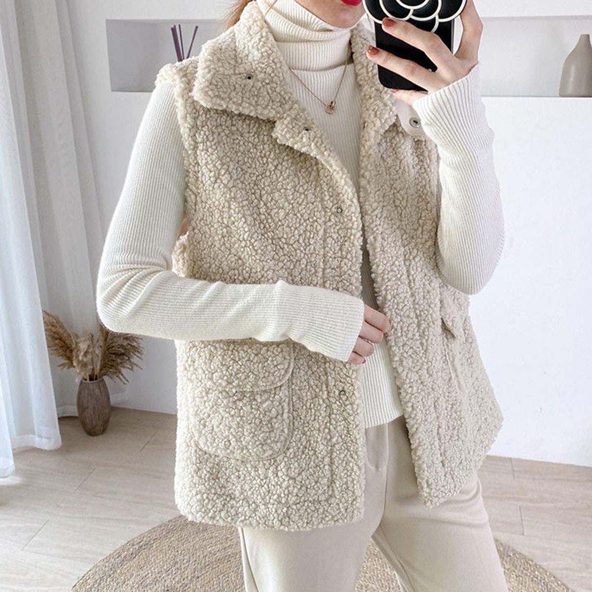 Women's Teddy Vest Winter Sherpa Jacket Winter Crop Coat with Pockets Regular Fit Windproof Warm Stylish Modern Style Plush Jacket Sleeveless Plain  Khaki Beige Coffee 2023 - US $21.99 –P8