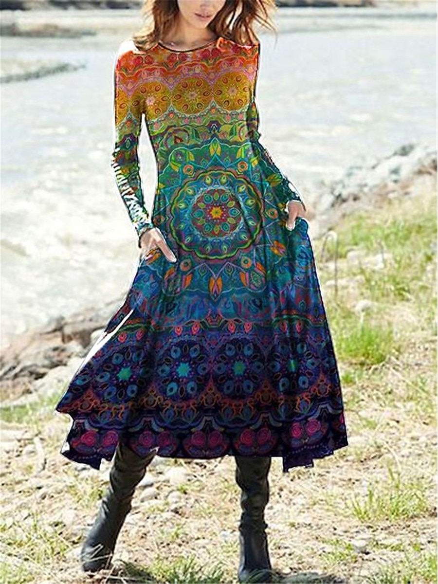 Per donna Vestito longuette Abito casual Vestito invernale Abito etnico Vestito svasato Vintage Etnico Tribale Formale Esterno Da mare Standard Ambra Floreale Tribale Manica lunga Girocollo Nero del 2025 a $36.99 –P6