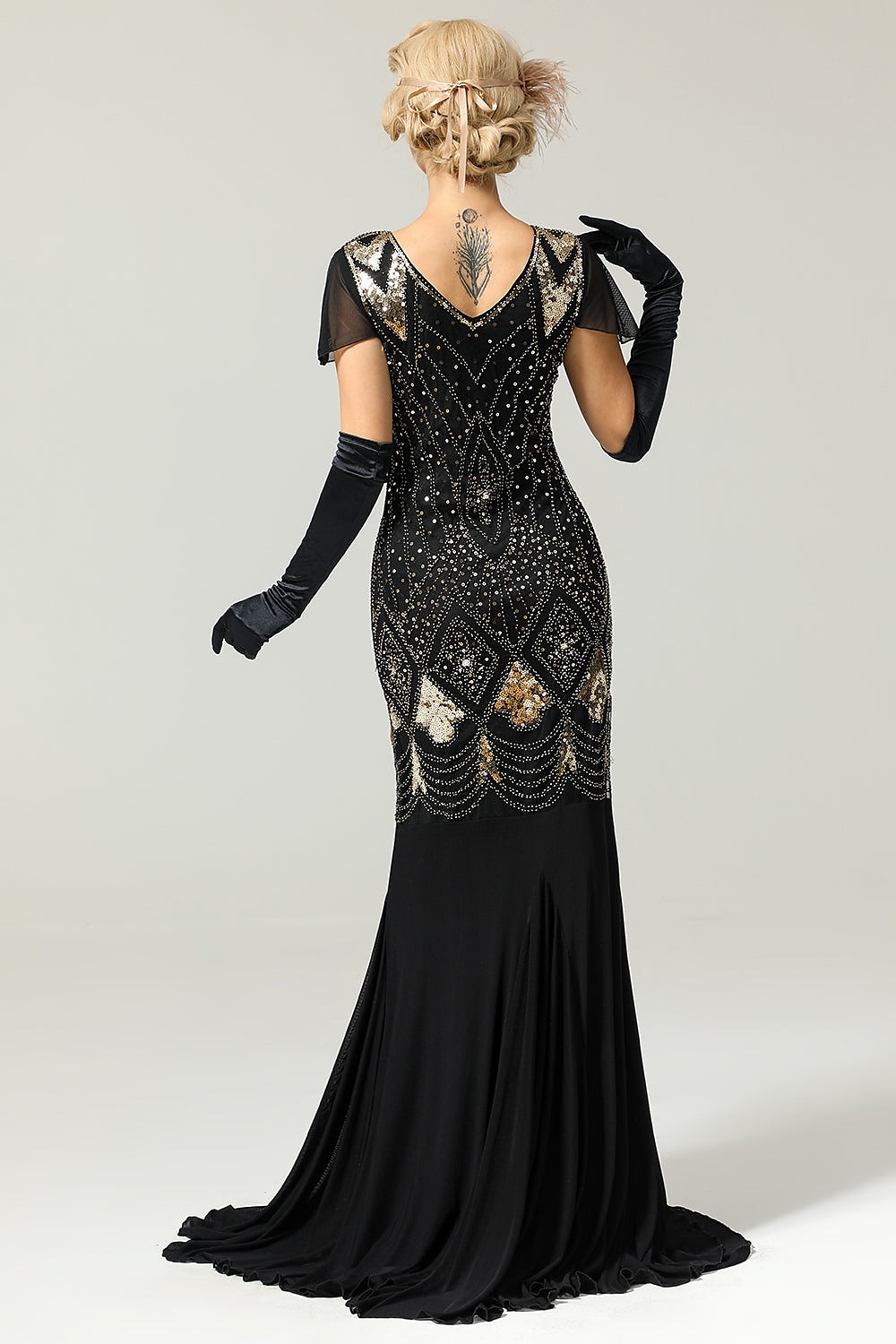 Goldene Zwanziger 1920er Bodenlang Kleid Abendkleid Weihnachtsfeier Kleid Kurze Ärmel Der große Gatsby Hochzeitsgast Pailletten V Ausschnitt Kostüm Damen Karneval Maskerade Abschlussball 2026 - $53.99 –P4