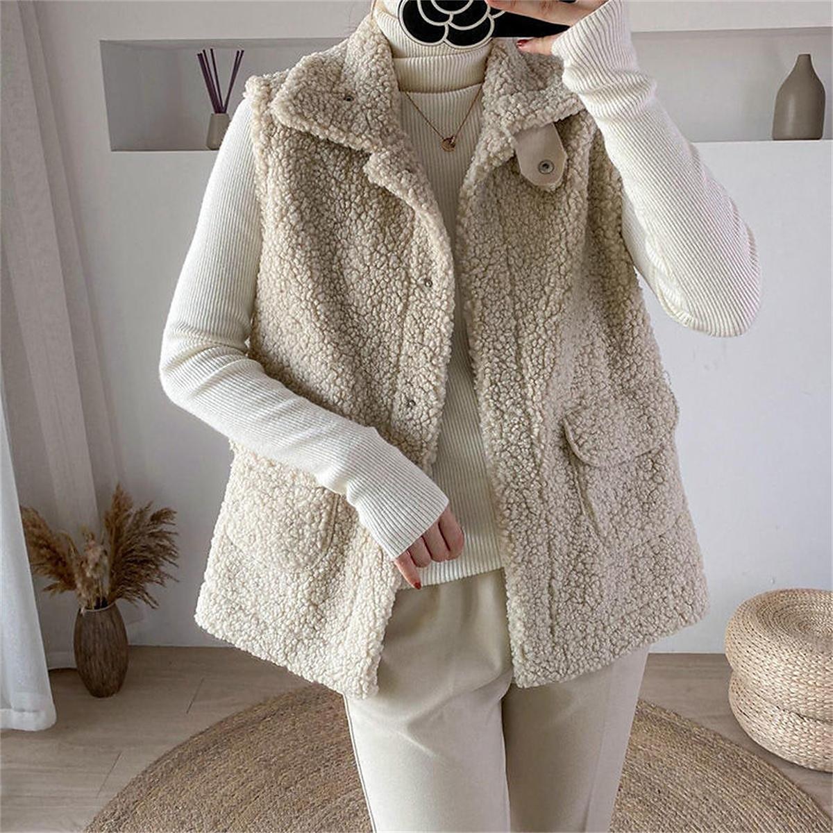 Women's Teddy Vest Winter Sherpa Jacket Winter Crop Coat with Pockets Regular Fit Windproof Warm Stylish Modern Style Plush Jacket Sleeveless Plain  Khaki Beige Coffee 2023 - US $21.99 –P7