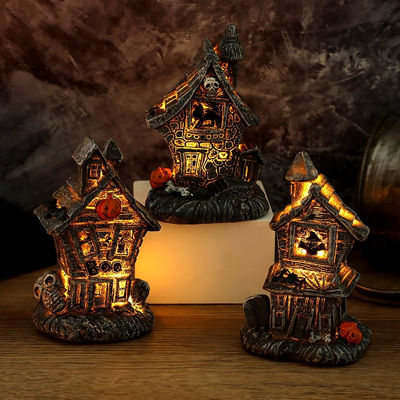 halloween vánoční pryskyřice strašidelný dům - osvětlené halloweenské vesnické domy s figurkami, kolekce halloweenská vesnice ozdoba do interiéru 2025 - $17.49 –P2