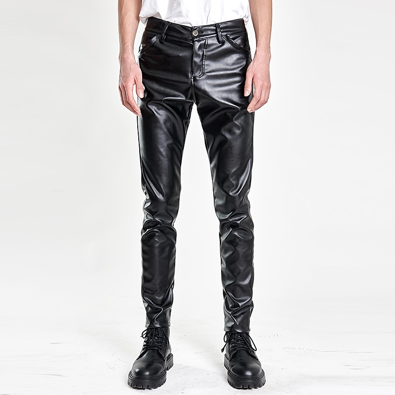Men's Trousers Faux Leather Pants Casual Pants Pocket Plain Comfort Breathable Outdoor Daily Going out Fashion Casual Black White 2025 - $26.99 –P2