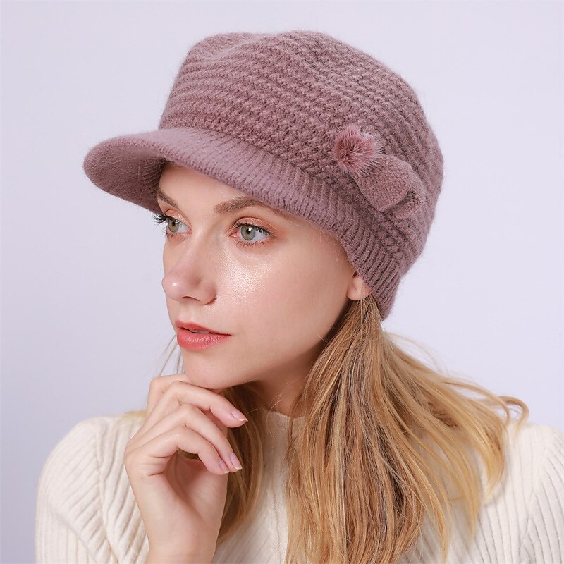 laço de chapéu de malha feminino & chapéu de inverno térmico com decoração de pompons e viseira de sol para exterior de 2025 por $21.99 –P11