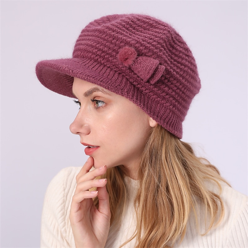 laço de chapéu de malha feminino & chapéu de inverno térmico com decoração de pompons e viseira de sol para exterior de 2025 por $21.99 –P1