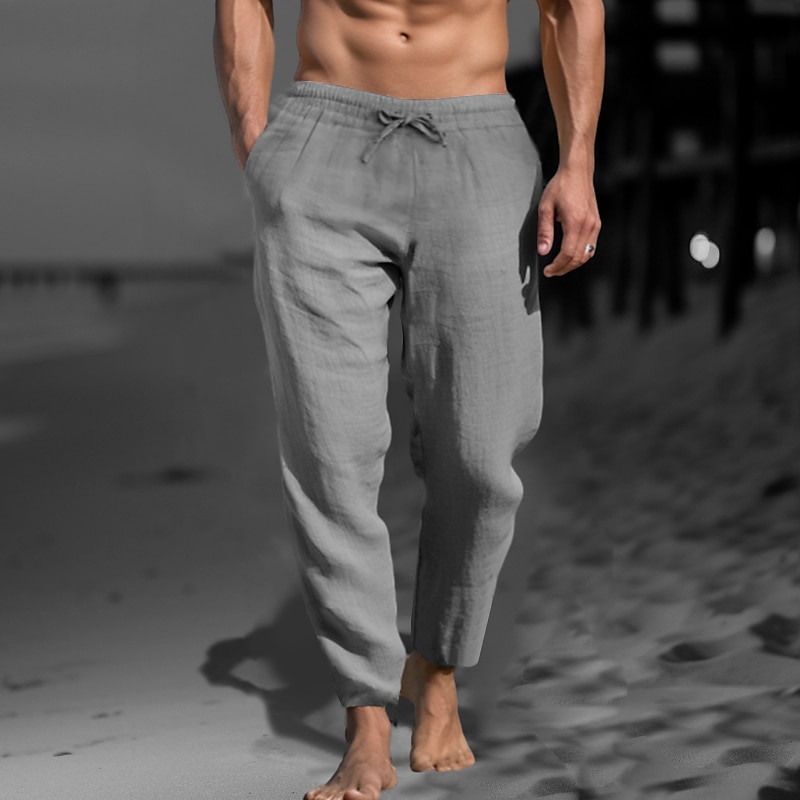 Men's Linen Pants Trousers Summer Pants Beach Pants Pocket Drawstring Elastic Waist Plain Comfort Soft Daily Weekend Streetwear Casual Black White Micro-elastic 2025 - $21.99 –P12
