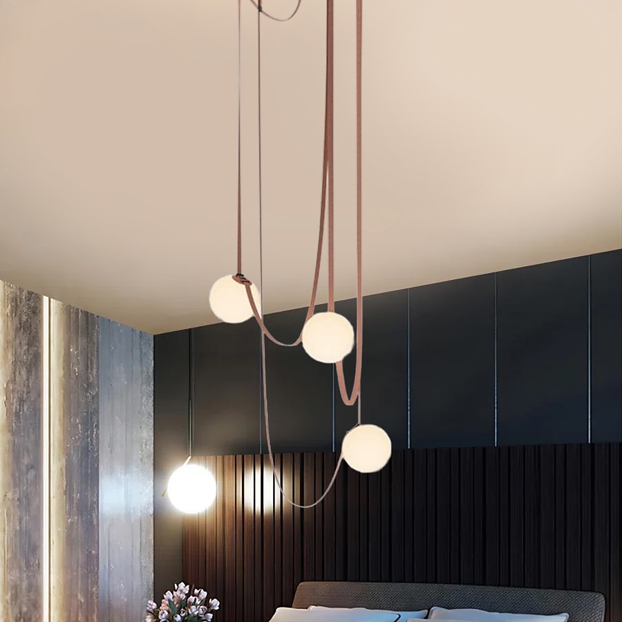 Lámpara colgante LED de 1/3/5/7 luces con diseño de racimo, lámpara de araña de cuerda de cáñamo con globo de cristal, lámpara colgante moderna de color negro y rosa, lámpara colgante de montaje 2025 - $229.99 –P9
