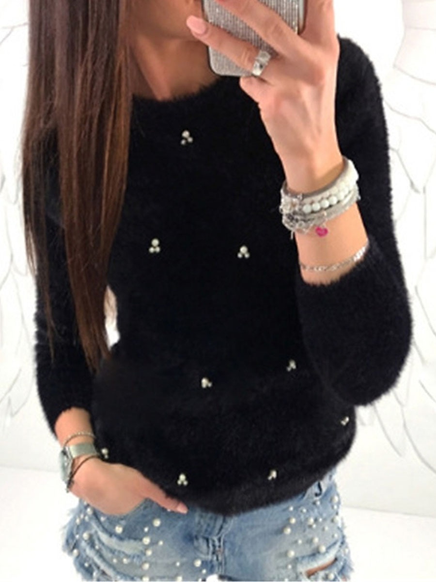Dame Pullover genser Stilfull Fritid Myk Helfarge Riflet Crew-hals Perler Langermet Vanlige topper Strikke utendørs Daglig Ut på byen Svart Hvit Høst Vinter 2025 - $27.99 –P3