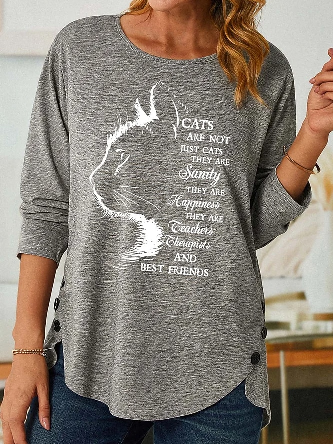 Damen T-Shirt modischer Katzen-Buchstabendruck, langärmelig, normale Oberteile, Rundhalsausschnitt, Alltag, Wochenende, Schwarz, Rosa, Lila, Grau, Frühling&amp;  fallen 2026 - $26.99 –P4