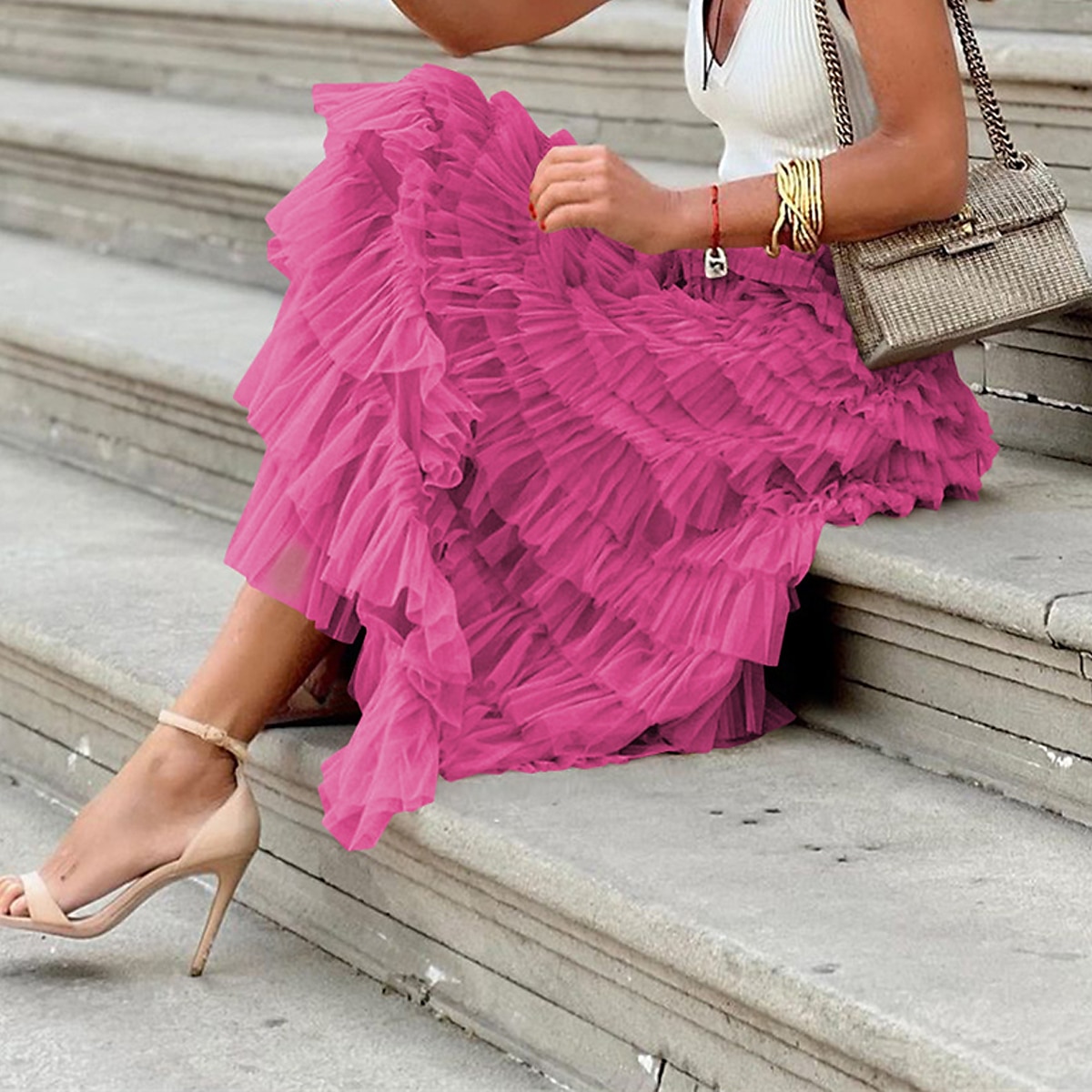 Dámské Sukně Houpačka Sukénka Elegantní Módní Na běžné nošení Maxi Vysoký pas Sukně Jednobarevné Plisé Dovolená ulice Meruňková Černá Khaki Sytě červená Jaro léto Polyester 2025 - $31.99 –P4