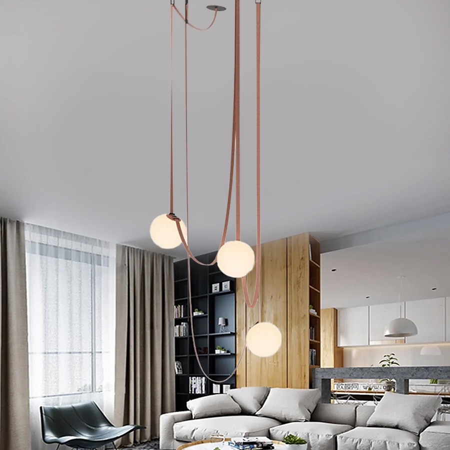 Lámpara colgante LED de 1/3/5/7 luces con diseño de racimo, lámpara de araña de cuerda de cáñamo con globo de cristal, lámpara colgante moderna de color negro y rosa, lámpara colgante de montaje 2025 - $229.99 –P10