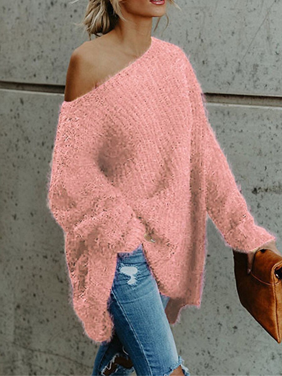 Dame Pullover genser Stilfull Fritid Myk Helfarge Riflet Enskuldret Kald skulder Langermet Kort Strikke Daglig Ut på byen Helg Rosa Navyblå Høst Vinter 2025 - $27.99 –P9