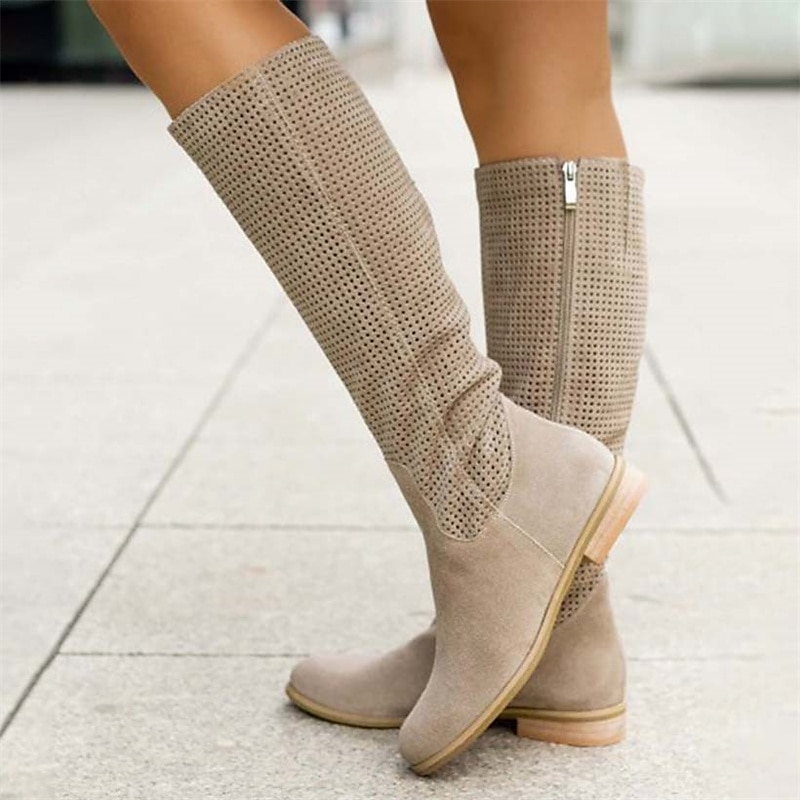 cizme de damă din piele intoartă perforate până la genunchi, cu fermoar - încălțăminte elegantă și respirabilă pentru ieșirile casual și moda de primăvară 2025 - $59.99 –P1