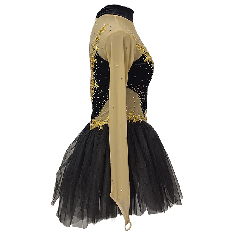 2026年 フィギュアスケート ドレス 女性用 女の子 アイススケート ドレス ブラック + 黄金 パッチワーク 指穴付き メッシュ スパンデックス 伸縮性あり 訓練 レッスン用 プロフェッショナル スケートウェア クリスタル・ラインストーン 長袖 フィギュアスケート  コレクション – $224.79 –P7