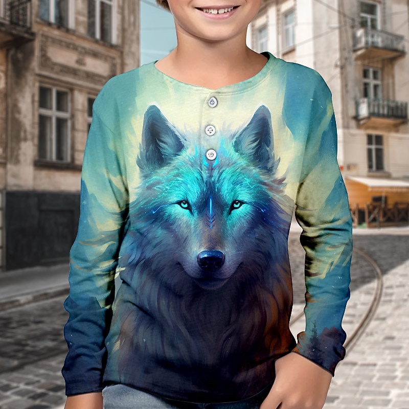 Boys 3D Wolf Henley Shirt Long Sleeve 3D Print Fall Winter Sports Fashion Streetwear Kids 3-12 Years Crew Neck Outdoor Casual Daily Regular Fit 2026 - $13.99 –P1