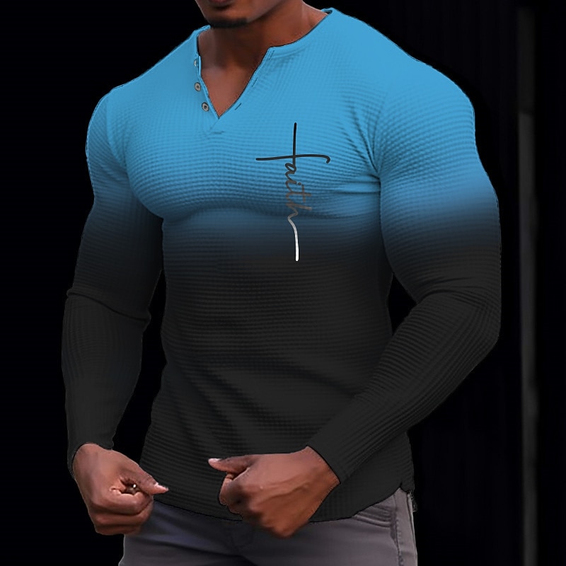 Per uomo Grafico Lettera Fede Maglia Henley Maglietta a nido d'ape Manica Lunga Stampa 3D Moda Designer Casual Sport all'Aperto Ferie Festival Primavera & Autunno Blu Giallo Arancione Verde Grigio del 2026 a $24.99 –P3