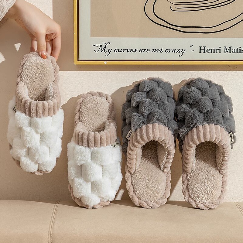chinelos femininos rosa felpudos, sapatos confortáveis para casa com cabedal de malha e forro de pelúcia para conforto no inverno de 2025 por $18.99 –P2