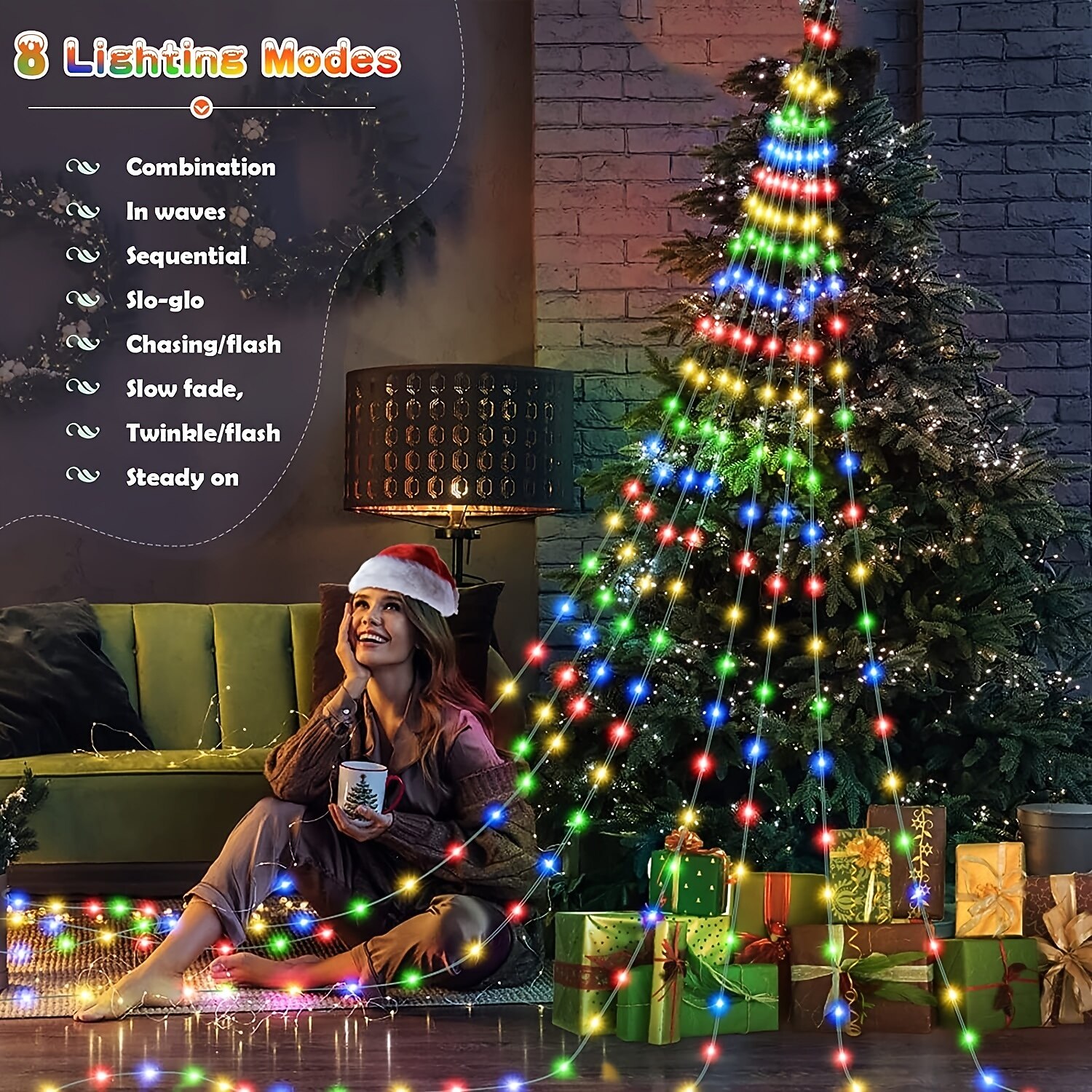 luces de hadas del árbol de la cascada 180 leds luz de la cascada del árbol de navidad 9 gotas 78,74 pulgadas luz de guirnalda al aire libre enchufe usb 8 modos cortina de ventana luz de carámbano 2025 - $22.99 –P2