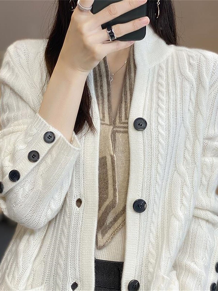 Women's Cardigan Sweater Stand Collar Cable Knit Rayon Button Pocket Fall Winter Outdoor Daily Going out Stylish Casual Soft Long Sleeve Solid Color White Brown Beige S M L 2023 - US $35.99 –P12