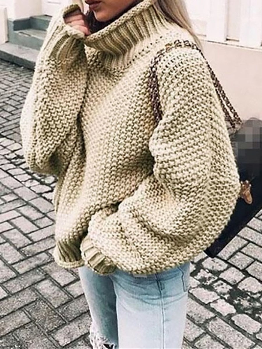 Dame Pullover genser Stilfull Fritid Myk Helfarge Riflet Rullekrage Overstørrelse Langermet Vanlige topper Strikke Daglig Ut på byen Helg Svart Rosa Høst Vinter 2025 - $33.99 –P1