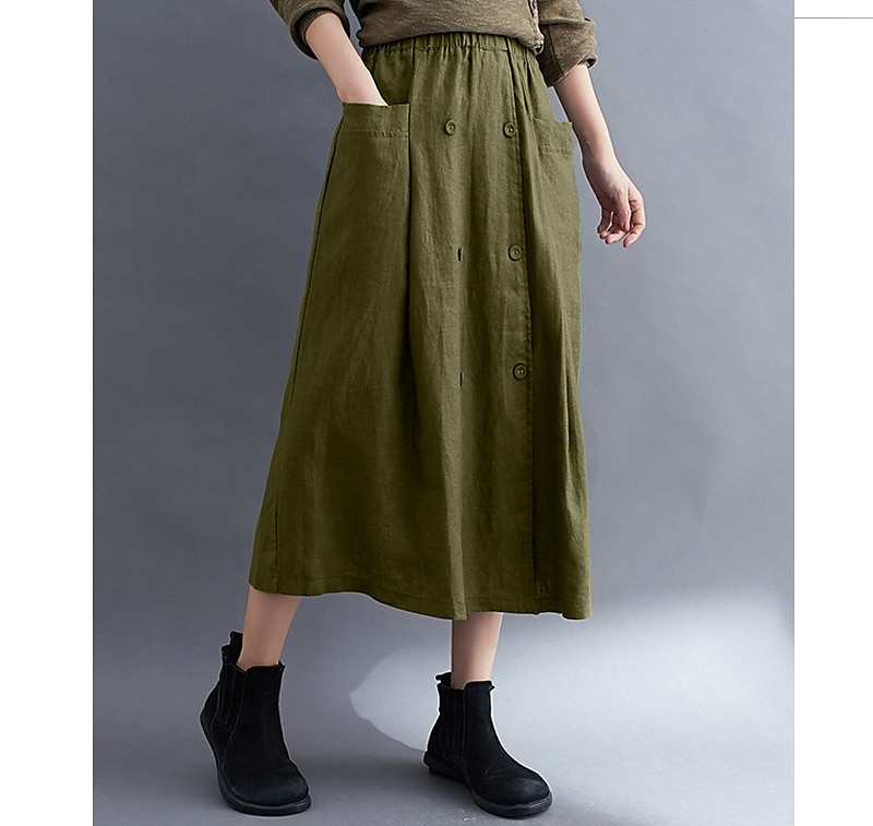 Women's Skirt A Line Long Skirt Linen Skirts coastal grandma style Basic Casual Long Midi Skirts Solid Colored Pocket Split Ends Street Daily Black Brown Green Apricot Spring & Summer Cotton Linen 2025 - $21.99 –P3
