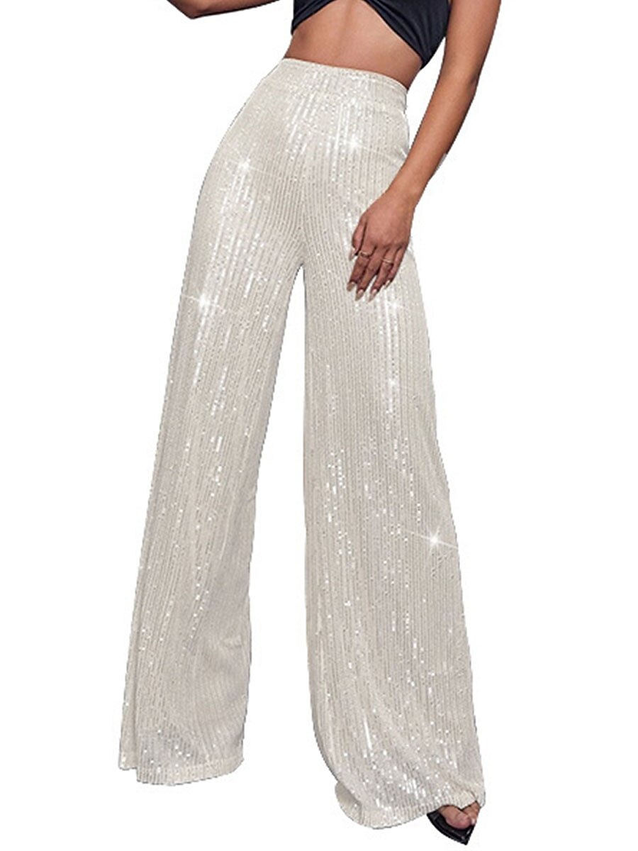 Women's Wide Leg Pants Trousers Sparkly Pants Elegant Fashion Sparkle Full Length High Waist Plain Sequins Comfy Micro-elastic Club Party Street Blue claret M beige Pink gold Summer Spring Regular Fit 2026 - $17.99 –P19