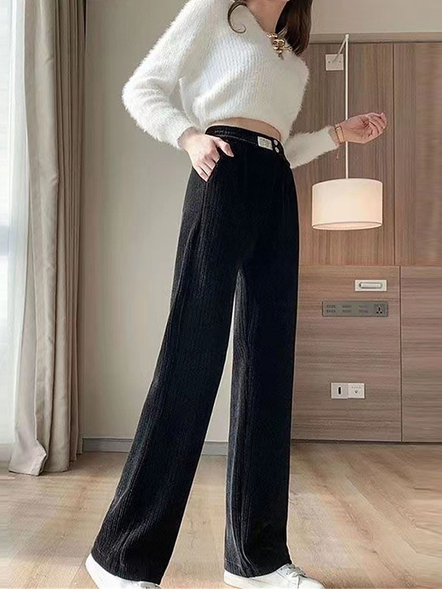 Dam Fleecebyxor Brett skaft Byxor Mode Streetwear Ledigt Fullängd Hög midja Ensfärgat Ficka Elastisk midja Opressade byxor Håller värmen Mjuk Bekväm Microelastisk Utomhus Gata Dagligen Svart Vit Höst 2025 - $20.99 –P4