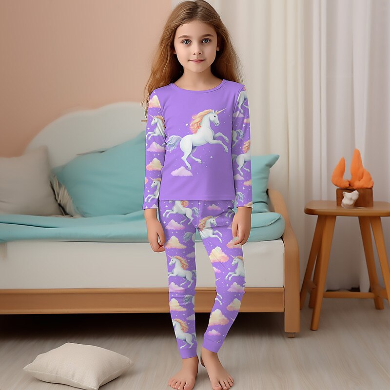Tyttöjen 3D Yksisarvinen Pyjama-setit Pinkki Pitkähihainen 3D-tulostus Syksy Talvi Aktiivinen Muoti söpö tyyli Lapset 3-12 vuotta Tiukka pyöreä kaula-aukko Koti Kausaliteetti Sisällä Normaali 2025 - $16.99 –P2