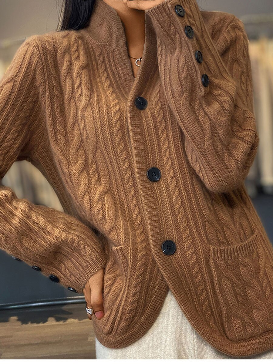 Women's Cardigan Sweater V Neck Cable Knit Polyester Button Pocket Fall Winter Short Daily Going out Weekend Stylish Casual Soft Long Sleeve Solid Color White Camel Brown S M L 2023 - US $28.99 –P7