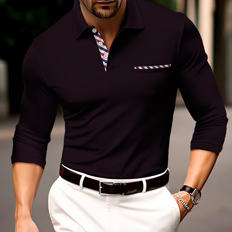 Men's Button Up Polos Polo Shirt Casual Sports Lapel Long Sleeve Fashion Basic Color Block Button Front Pocket Spring &  Fall Regular Fit Black Red Blue Button Up Polos 2025 - $18.99 –P1