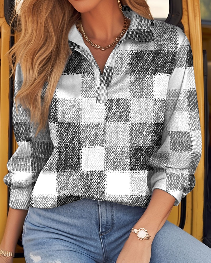 Damen T-Shirt Langarm Kariert Basic Langarm Hemd Kragen Reguläre Tops Alltag Wochenende Print Hellgrün Rot Grün Khaki Grau Frühling Herbst Pre-Fall 2025 - $23.99 –P5