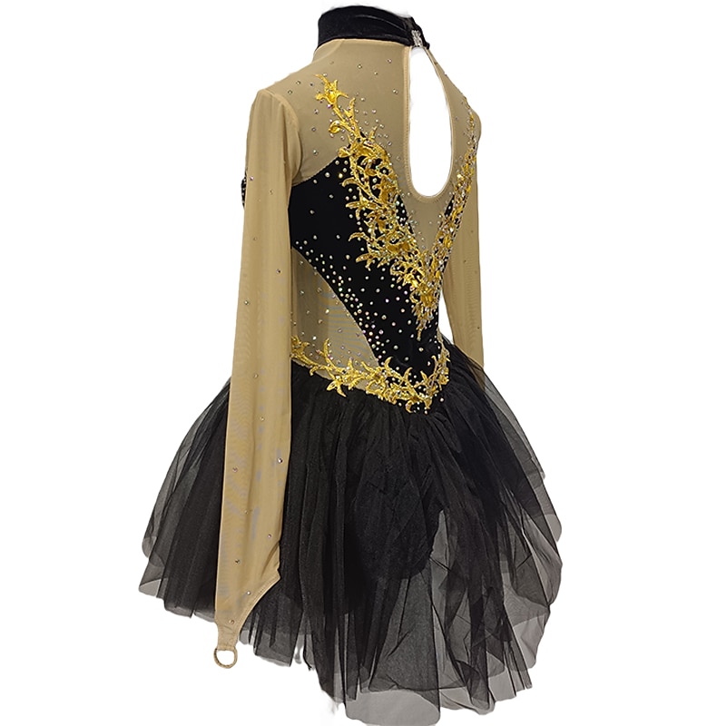 2026年 フィギュアスケート ドレス 女性用 女の子 アイススケート ドレス ブラック + 黄金 パッチワーク 指穴付き メッシュ スパンデックス 伸縮性あり 訓練 レッスン用 プロフェッショナル スケートウェア クリスタル・ラインストーン 長袖 フィギュアスケート  コレクション – $224.79 –P5
