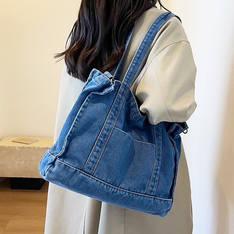 2025年 女性用デニムショルダーバッグ – 大容量、マルチキャリーデザイン、カジュアルな日常使いのトート  コレクション – $24.99 –P2