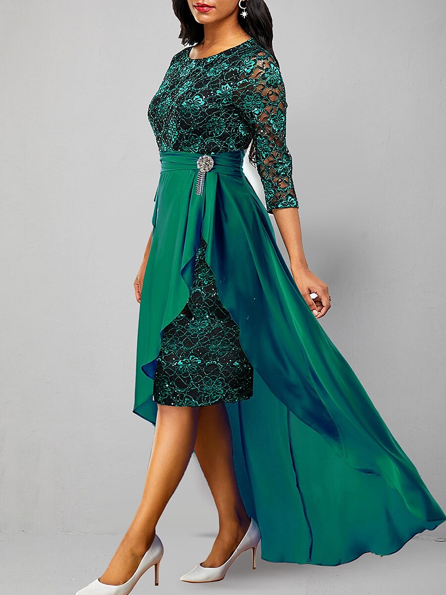 Women's 2 Pieces Lace Dress Maxi Party Dress Green Lace 3/4 Length Sleeve Lace Spring Fall Winter V Neck Wedding Guest Evening Party Vacation 2023 - AED 209 –P4