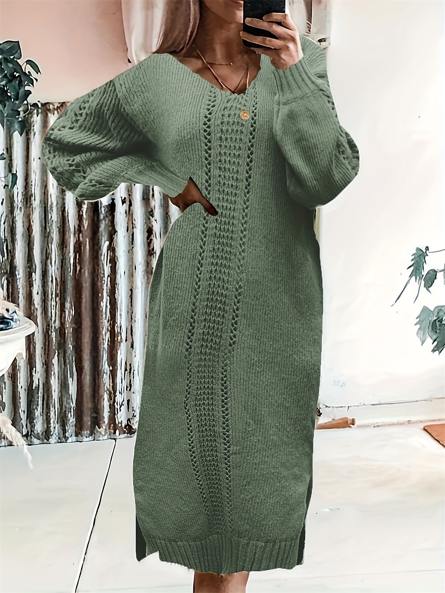 Women's Sweater Dress Jumper Dress Casual Dress Midi Dress Warm Pure Color Outdoor Casual Daily Going out V Neck Long Sleeve 2023 Loose Fit Green S M L 2023 - US $31.99 –P1