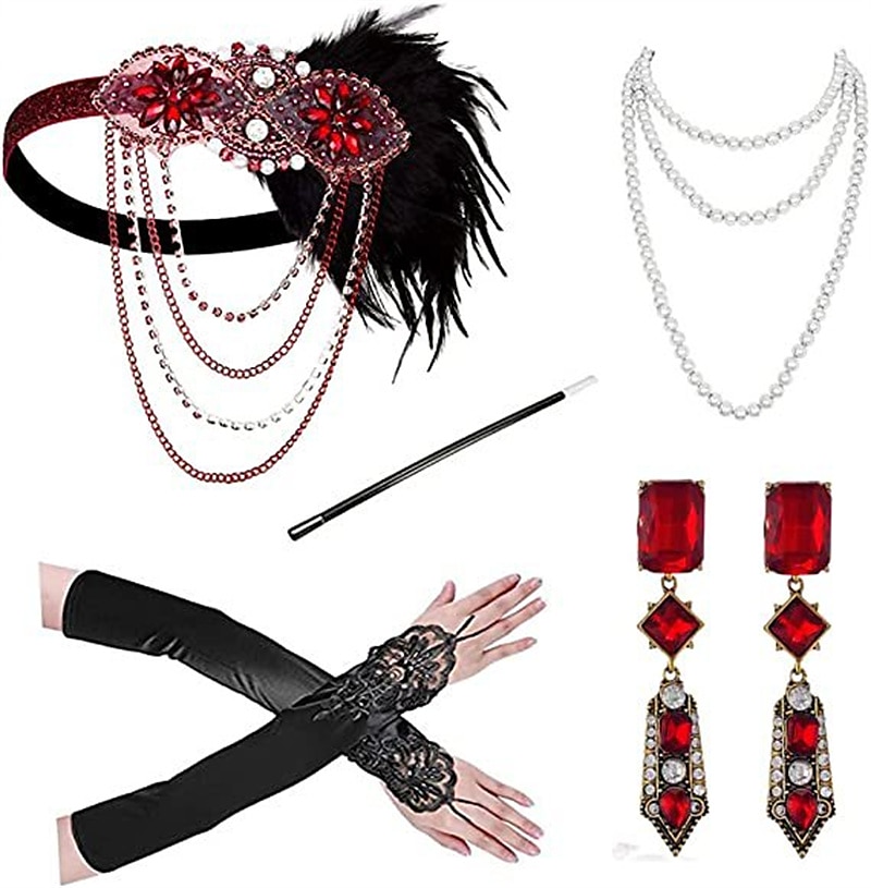 Szüret 1920-as évek A nagy Gatsby Flapper fejpánt Kiegészítő készlet Charleston Esküvői Vendég Toll Női Álarcos mulatság Esküvői fogadás Lánybúcsú Fesztivál Felnőttek Kesztyűk Fejpánt Minden évszak 2025 - $24.54 –P6