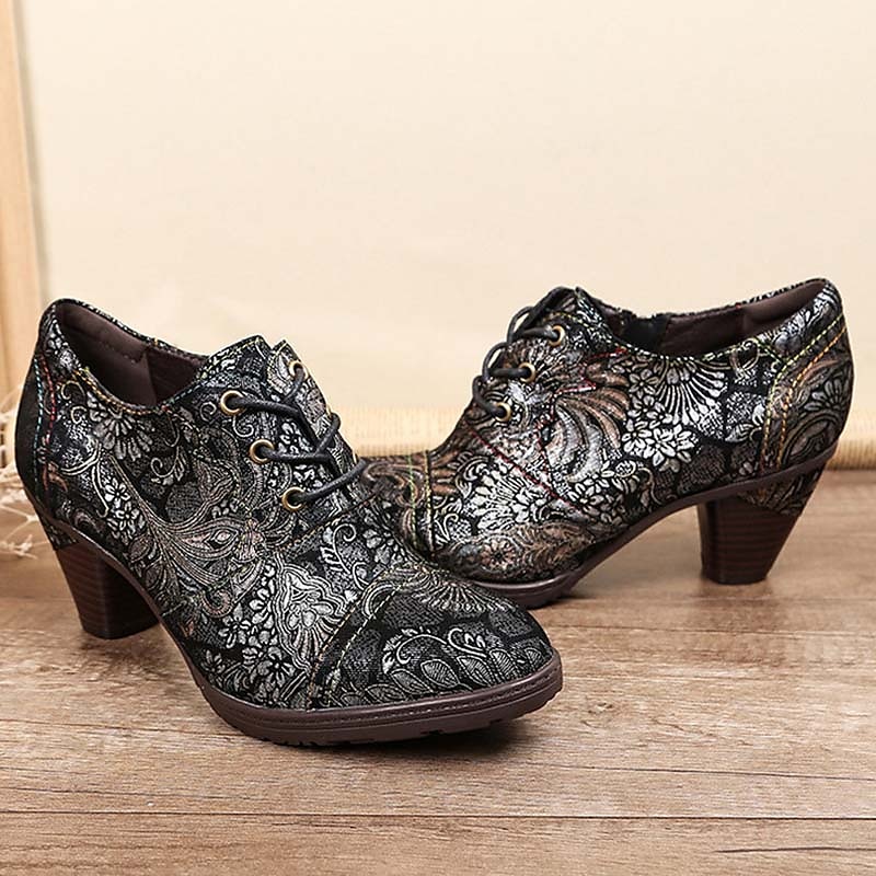 Edward-korabeli ihletésű vintage jacquard fűzős bőr bokacsizma vastag sarokkal, retró virágmintás rövid csizma nőknek 2025 - $109.99 –P9