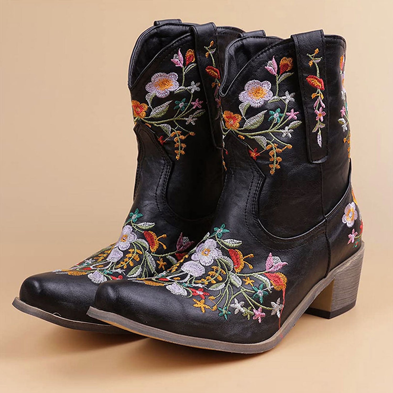 Women's Vintage Western Cowboy Boots – Floral Embroidered Faux Leather Ankle Boots for Casual and Festival Wear 2025 - $64.99 –P10