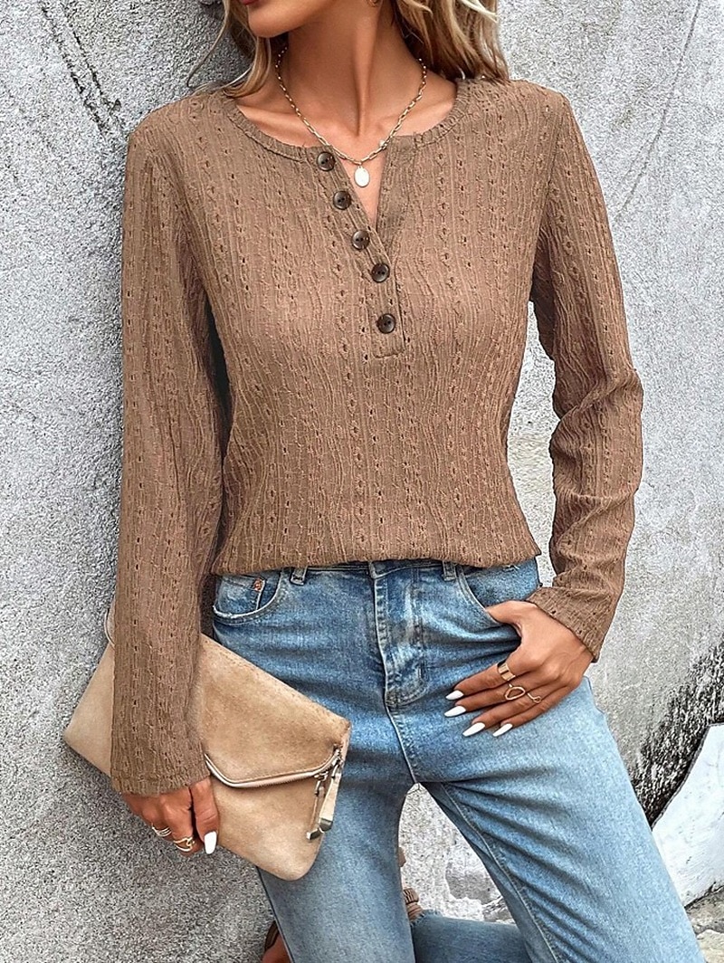 Women's Shirt Lace Shirt Blouse Eyelet top Color Block Plain Fashion Long Sleeve Round Neck Regular Tops Work Buttons Black White Purple Brown Beige Spring & Fall 2025 - $27.99 –P5