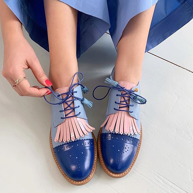 fekete és arany oxford női cipők – fűzős szárnyvégű brogue rojtokkal és bojttal a vintage lezser stílushoz 2025 - $46.99 –P4