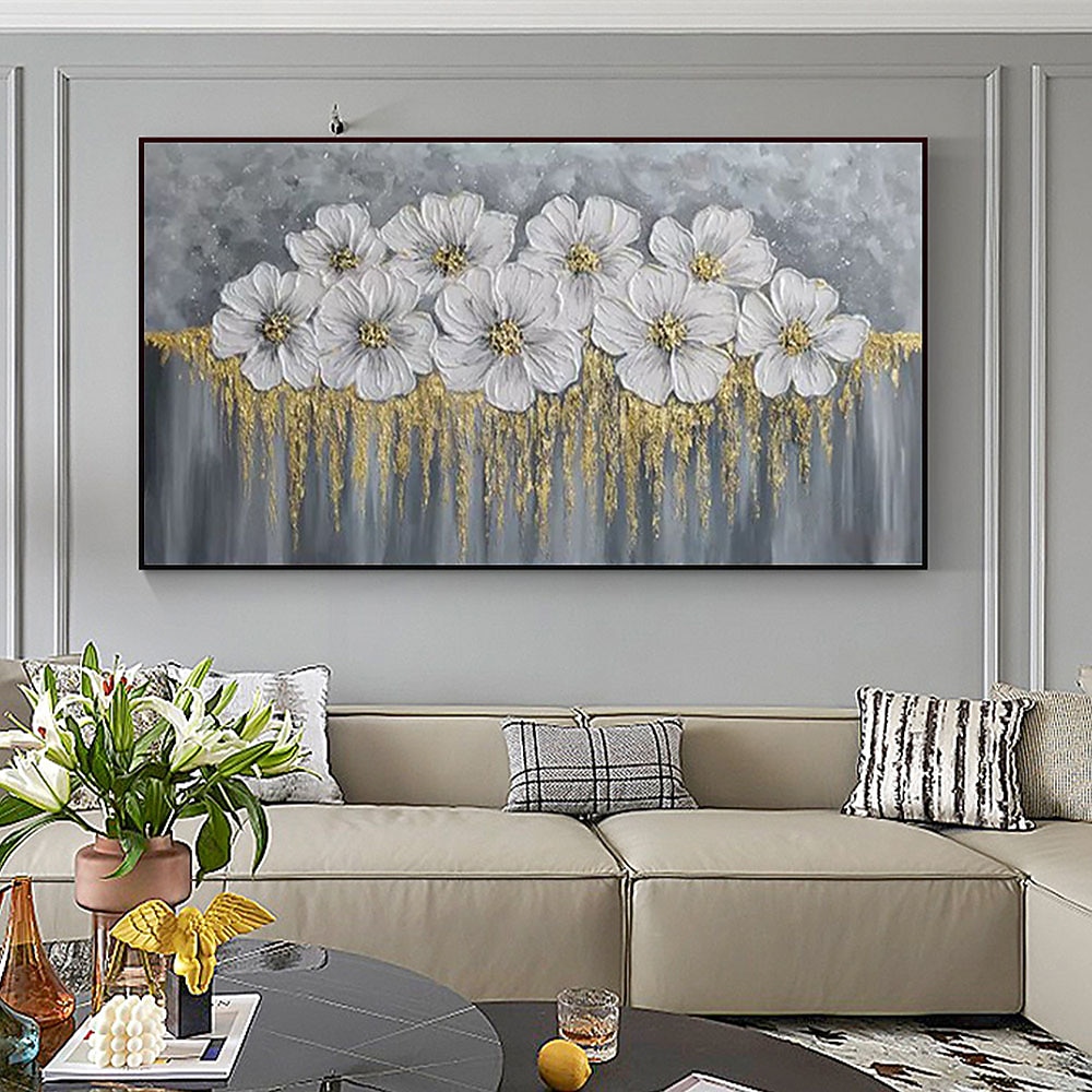 Handgefertigtes handgemaltes Ölgemälde an der Wand, abstraktes Ölgemälde mit weißen blühenden Blumen auf Leinwand, originales goldenes Blumen-Acrylgemälde, modernes großes Wandkunst-Dekor, gerollte 2025 - $77.99 –P9