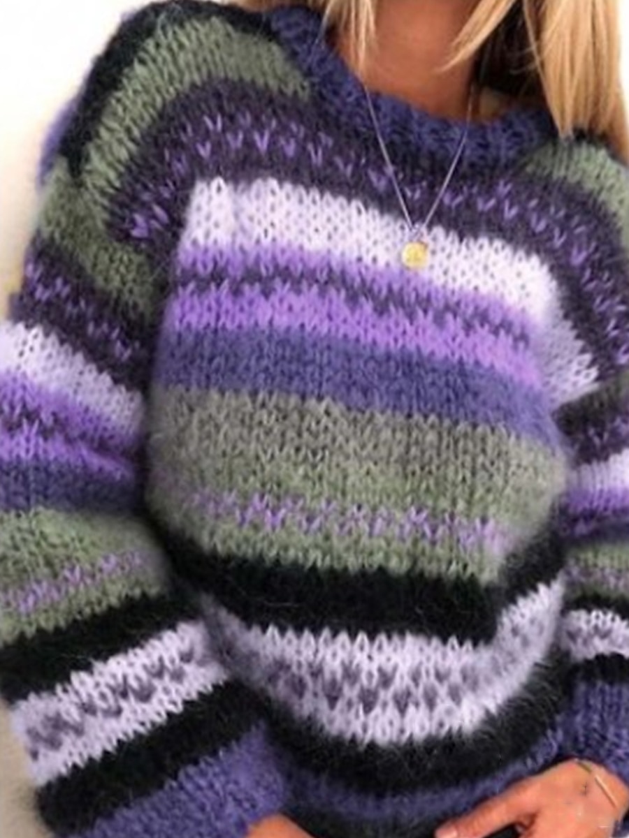 Damen Pullover Stilvoll Brautkleider schlicht Weich Farbblock Gestreift Grobstricken Rundhalsausschnitt überdimensional Streifen Langarm Normale Oberteile Stricken Outdoor Täglich Ausgehen Purpur Grün 2025 - $7.99 –P1