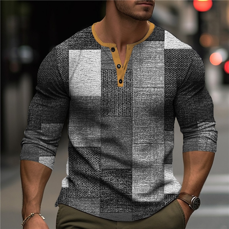 Per uomo Grafico Plaid Blocco di colori Maglia Henley Maglietta a nido d'ape Manica Lunga Stampa 3D Moda Designer Casual Sport all'Aperto Ferie Festival Primavera & Autunno Blu Arancione Verde Grigio del 2026 a $24.99 –P4