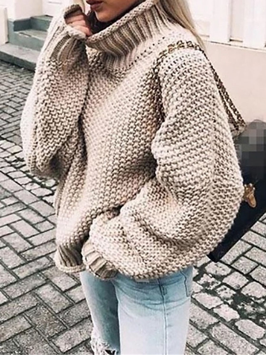 Dame Pullover genser Stilfull Fritid Myk Helfarge Riflet Rullekrage Overstørrelse Langermet Vanlige topper Strikke Daglig Ut på byen Helg Svart Rosa Høst Vinter 2025 - $33.99 –P3