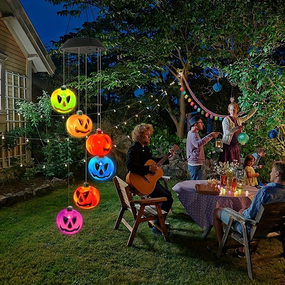 Halloween Solar Pumpkin Wind Chimes Light,Color Changing Hanging Solar  String Lights Outdoor Decoration,Waterproof LED Windchime Lights for  Halloween