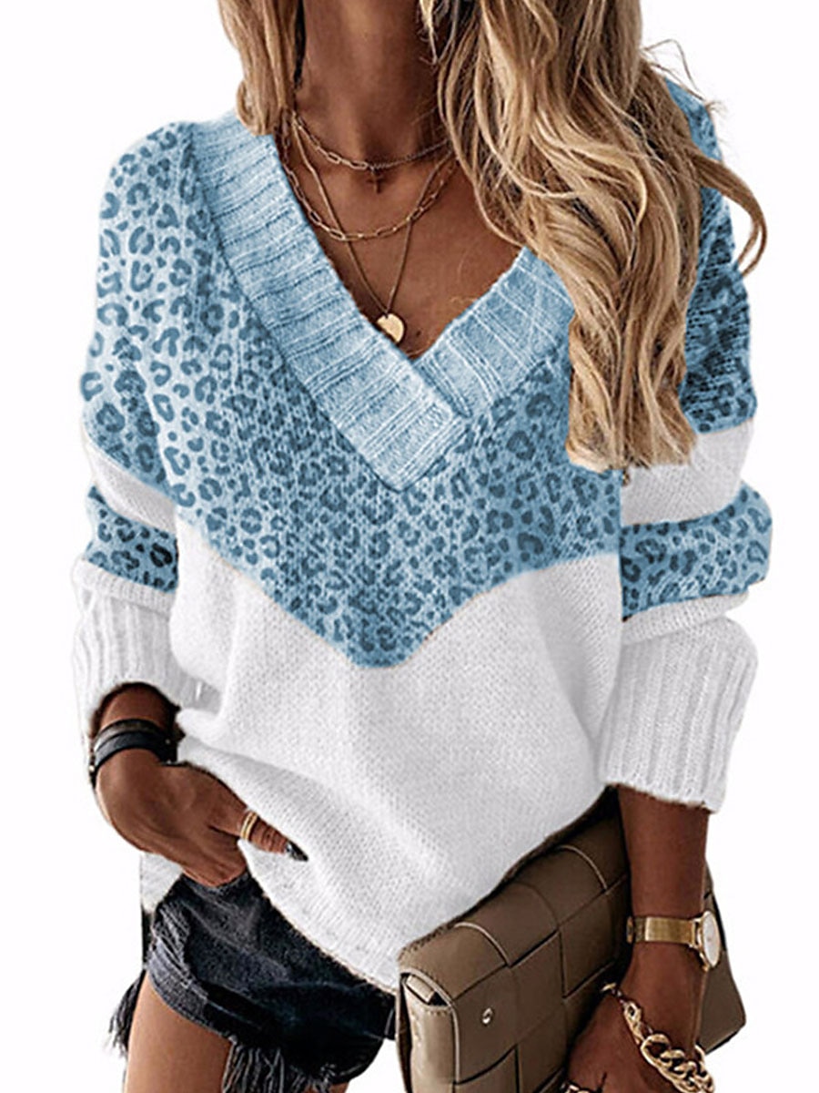 Femme Pull mode Décontractées Flexible Léopard Bloc de couleur A côtes Col V Patchwork manche longue Hauts réguliers Tricoter du quotidien Sortie Fin de semaine Rose Claire Bleu Automne Hiver de 2025 ? $46.99 –P6