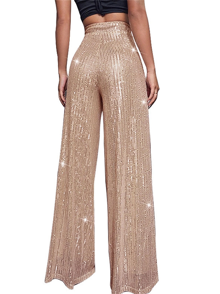 Women's Wide Leg Pants Trousers Sparkly Pants Elegant Fashion Sparkle Full Length High Waist Plain Sequins Comfy Micro-elastic Club Party Street Blue claret M beige Pink gold Summer Spring Regular Fit 2026 - $17.99 –P22
