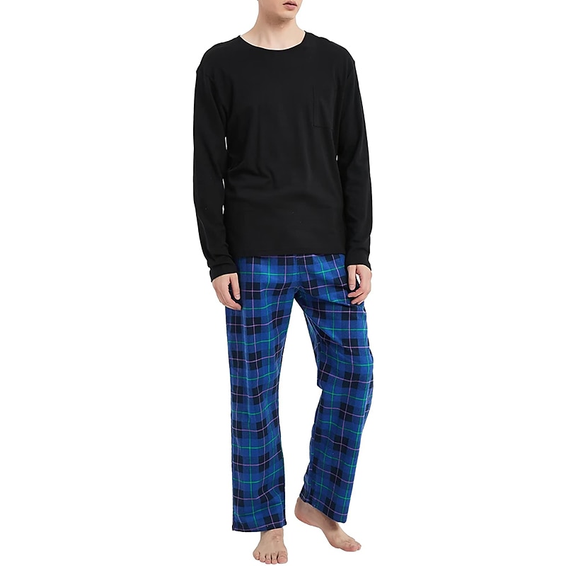 Herr Vardagsklädsel Sovkläder Pyjamas set Pyjamastopp och byxa 2 delar Rutig Stylish Ledigt Komfort Hem Dagligen Bomullsblandning Komfort Rund hals Långärmad T-shirt Byxa Snörning Elastisk midja 2025 - $33.99 –P20
