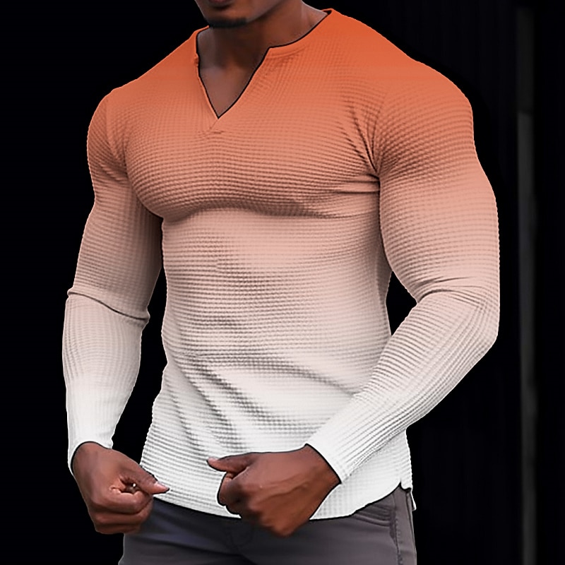 2025年 男性用 Tシャツ ヘンリーシャツ ワッフルニットTシャツ ティートップ 長袖 Ｖネック 春 & 秋 勾配 ファッション デザイナー ベーシック バケーション ストリート お出かけ ブラック ブルー オレンジ メンズトップTシャツ  コレクション – $17.49 –P3