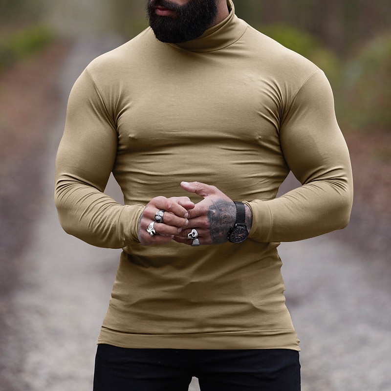 Herren T Shirt T-Shirt Langarmshirt Langarm Rollkragen Frühling & Herbst Einfach Mode Designer Basic Urlaub Straße Ausgehen Wein Aprikose Dunkelgrau Top T-Shirt für Herren 2025 - $23.99 –P16