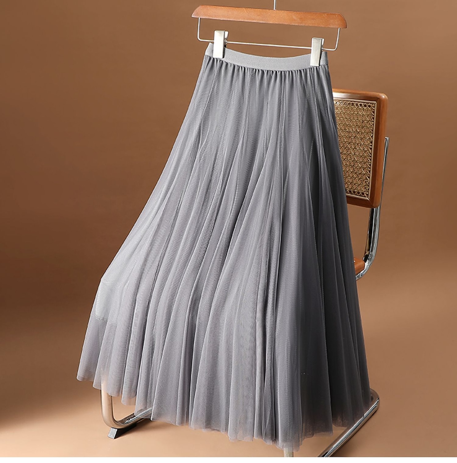 jupe femme jupe midi évasée froncée superposée couleur unie rendez-vous quotidien printemps, automne, hiver, été élégante longue abricot noir blanc rose de 2025 ? $31.99 –P5
